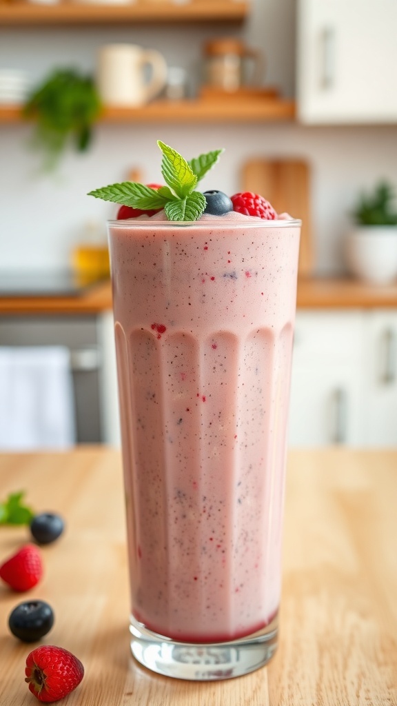 A tall glass of oat milk smoothie with banana and berries, garnished with mint leaves.